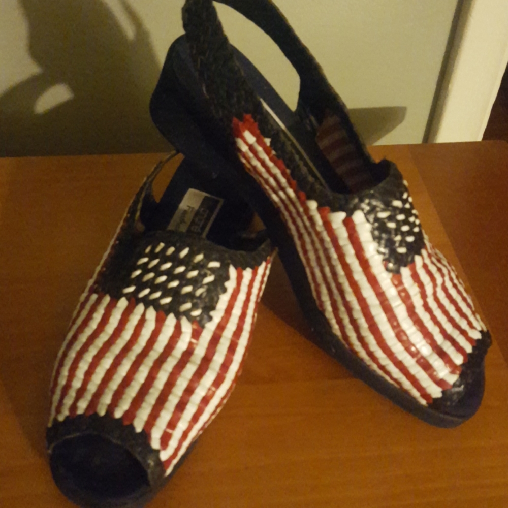 Red, white, and blue leather sling slip on